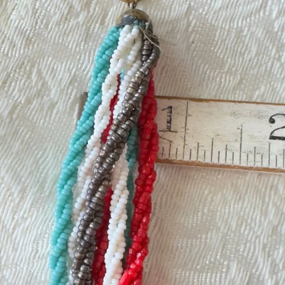 16” Vintage Glass Micro Seed Bead Necklace Multi Red Blue White Gray 1940s-60s